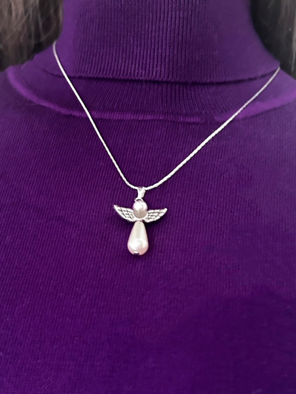 Hand Crafted Guardian Angel Necklace Ivory Pearl Pendant on Silver Plate Chain